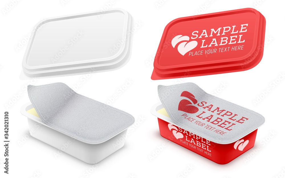 Vector labeled rectangular plastic container with opened foil seal ...
