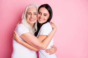 photo of charming aged mother young daughter two ladies generation hug cozy best friends finally tog