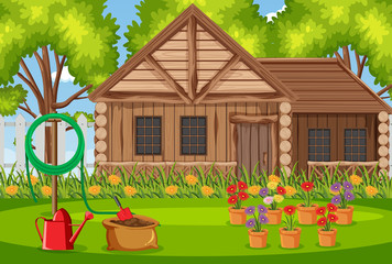 Sticker - Background scene with wooden house in the woods