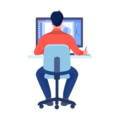 Computer graphics designer work on desk in office concept. Vector