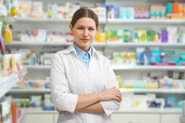 Sticker - Portrait of professional pharmacist in modern drugstore