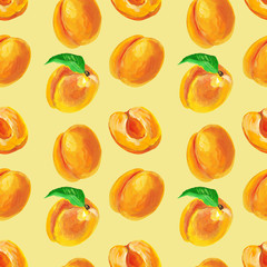 Wall Mural - Apricots with leaves and half. Fruit seamless pattern design for wallpaper, paper, textile, fabric, packaging.