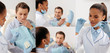 © LIGHTFIELD STUDIOS - collage of happy man pointing with finger at teeth model and african american dentist in latex gloves holding dental floss