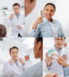 © LIGHTFIELD STUDIOS - collage of dentist pointing with fingers near african american patient in braces and holding teeth model