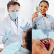 © LIGHTFIELD STUDIOS - collage of dentist in face shield and medical mask gesturing near african american patient in braces and holding dental mirror near opened mouth