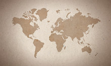 World Map Silhouete On Old Paper Surface 