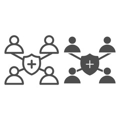 Poster - Medical team and shield line and solid icon. Doctors connection symbol, outline style pictogram on white background. Global pandemic Covid-19 sign for mobile concept and web design. Vector graphics.