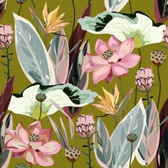 Wall Mural - Large flowers, inflorescences, buds and lotus leaves, Strelitzia and Proteus on a light beige, cream background. Vector seamless floral illustration. Square repeating design template for fabric