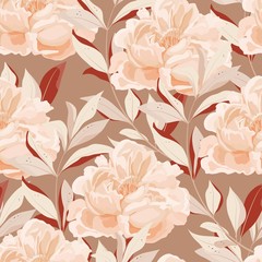 Wall Mural - Large pink peonies flowers with graceful green leaves on a white background. Seamless vector floral illustration. Square repeating pattern for design, fabric and wallpaper