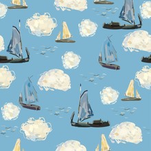 Picturesque Boats In The Sea On A Background Of Turquoise Sky And Clouds. Hand-drawn Square Vector Illustration. Light Blue Seamless Pattern Based On Claude Monet Oil Painting