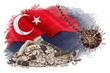 Economy falling Turkey. Symbol country, flag. banking crisis,bankruptcy,budget recession. Wrecking coronavirus ball on chain hangs near cracked bank. crack business, economy.