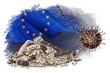 Europe at risk,economic decline,disruption,bankruptcy. Hard time for eu. falling banking system,crisis. Crack business,currency, recession. Wrecking coronavirus ball on chain hangs near cracked bank. 