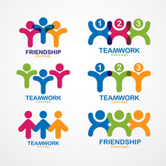 Wall Mural - Teamwork businessman unity and cooperation concepts created with simple geometric elements as a people crews. Vector icons or logos set. Friendship dream team, united crew colorful designs.