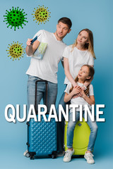 Wall Mural - parents and shocked daughter with travel bags, map and passports on blue, quarantine lettering
