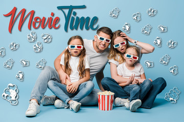 Wall Mural - shocked family in 3d glasses watching movie and holding popcorn bucket on blue, movie time and popcorn illustration