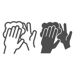 Poster - Hand washing with soap foam line and solid icon. Keep hands clean symbol, outline style pictogram on white background. Hygiene to prevent coronavirus sign for mobile concept and web design. Vector.