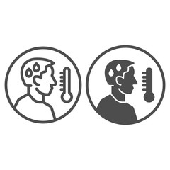 Poster - Man avatar with fever line and solid icon. Person with cold and high temperature outline style pictogram on white background. Covid 19 symptoms for mobile concept and web design. Vector graphics.