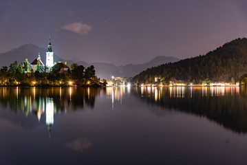 Wall Mural - Panorama on Lake Bled in Slovenia at night