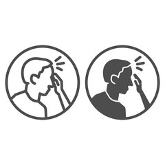 Poster - Man with fever line and solid icon. Hand touches patient forehead symbol, outline style pictogram on white background. Coronavirus diseases symptom for mobile concept and web design. Vector graphics.