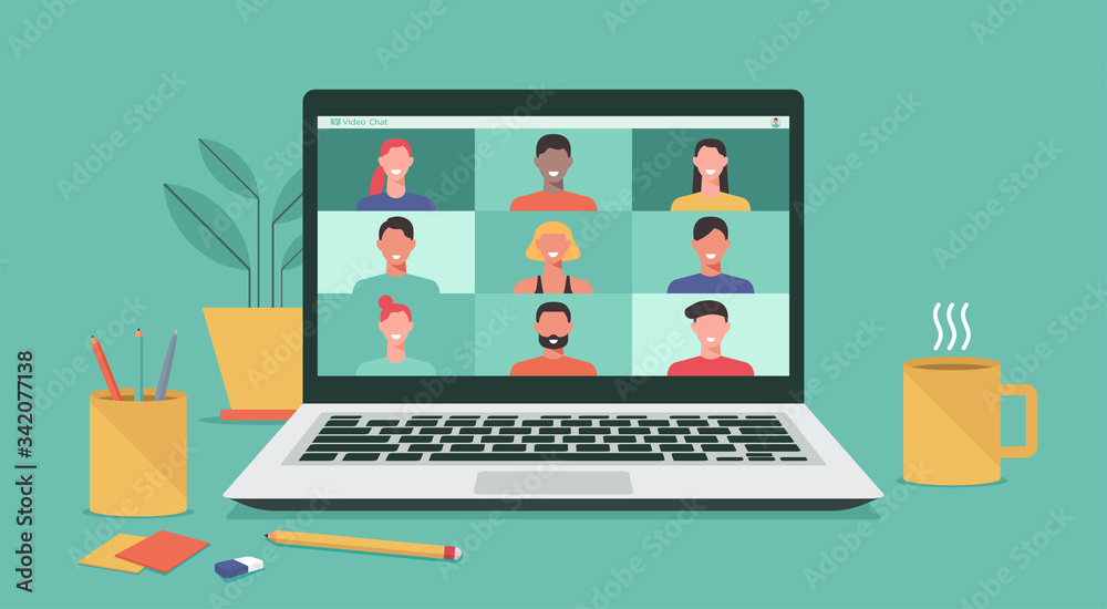 people connecting together, learning or meeting online with teleconference, video conference remote working on laptop computer, work from home and anywhere, new normal concept, vector illustration - obrazy, fototapety, plakaty 