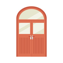 Red Wooden Double Front Door With Round Top And Arched Transom