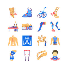 Wall Mural - Orthopedics flat color icons set. Rehabilitation after injuries. Musculoskeletal system treatment. Mobility aid concept. Sign for web page, mobile app. Vector isolated button.