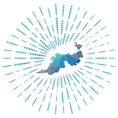 Shape of Guana Island, polygonal sunburst. Map of the island with colorful star rays. Guana Island illustration in digital, technology, internet, network style. Vector illustration.