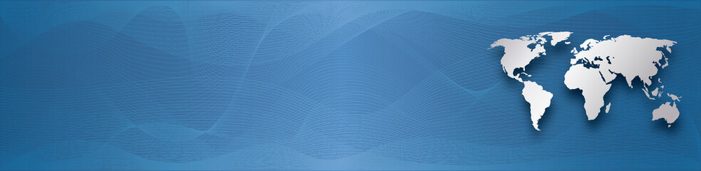 silver world map on blue gradient background with abstract waves lines