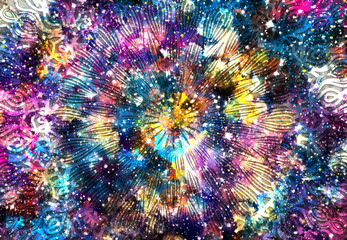 Wall Mural - abstract ancient geometric with star field and colorful galaxy background, watercolor digital art pa