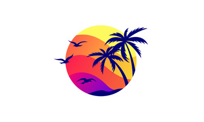 Wall Mural - Vector Illustration of a Tropical Island Beach with Palm Trees Paradise Graphic