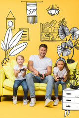 Wall Mural - KYIV, UKRAINE - MARCH 4, 2020: smiling father and children playing video game with joysticks on sofa on yellow, interior illustration