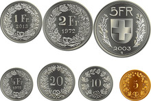 Set Of Swiss Francs Money, Official Coin In Switzerland, Reverse Faces With Federal Coat Of Arms, Value, Year, Branches Of Plants
