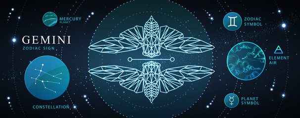 Wall Mural - modern magic witchcraft card with astrology gemini zodiac sign. polygonal butterfly or cicada illust