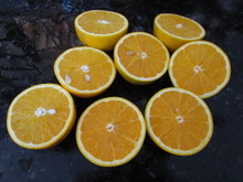 High Angle View Of Sliced Oranges On Wet Table