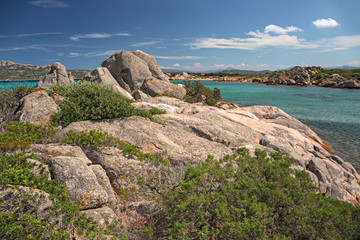 Panoramic view of the sunny beaches, and of the clear and transparent waters of the Maddalena island in Sardinia, Italy.