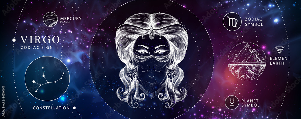 Modern magic witchcraft card with astrology Virgo zodiac sign. Realistic hand drawing woman head. Zodiac characteristic - obrazy, fototapety, plakaty 