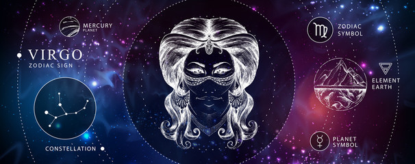 modern magic witchcraft card with astrology virgo zodiac sign. realistic hand drawing woman head. zo