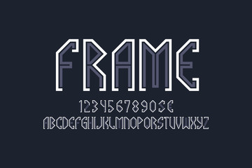Leinwandbilder - Frame artistic display font. Gray white angular letters, numbers and currency signs. Isolated english alphabet. Vector unusual lettering.