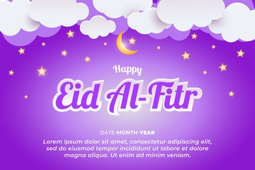 Canvas Print - Happy Eid al Fitr With Star and Moon Cloud Paper Cut Out Style Isolated on Purple Background Colour, Vector Illustration EPS10. Background, Invitation, Flyer