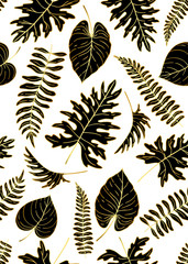 Wall Mural - Gold and black seamless pattern with different tropical leaves. Vector illustration.