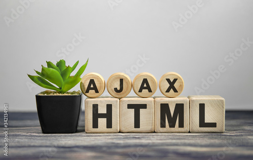 Cuadros en Lienzo AJAX HTML - text on wooden cubes, green plant in black pot on a wooden backgroun