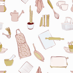 Kichen equipment doodle seamless pattern. Retro menu outline illustration sketch. Receipe pink yellow cooking design