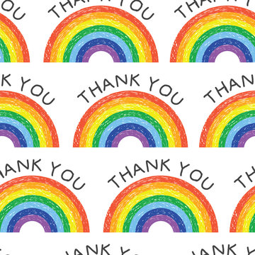 Thank you text and colored in rainbows pattern. Key workers support. Backgrounds, wrapping, gifts, scrapbooking. Vector illustration.