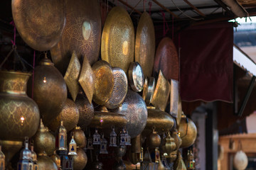 Moroccan metal lanterns lamps in the historic Souk of Marrakech