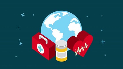 Sticker - world planet and medical kit animation