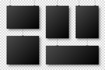Wall Mural - realistic blank paper sheets hanging on binder clip. black poster with shadow in a4 format. design t