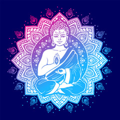 Vintage vector illustration of meditating Buddha and mandala