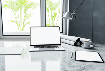 Poster - Fron view laptop Empty white screen in home interior workpark ,Easy replace your design in white screen laptop mockup,3D illustration