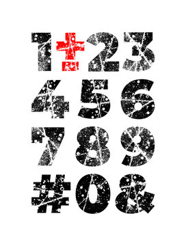 Grunge alphabet font. Abstract handmade sans serif typeface. Set of distress textured numbers. Ink splatter surface trace. Vector stock illustration EPS 10