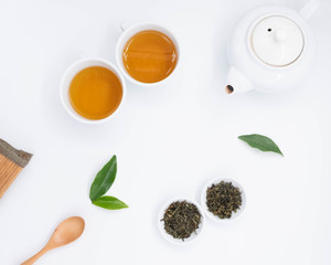 Wall Mural - cup with tea and teapot on white background, over light
